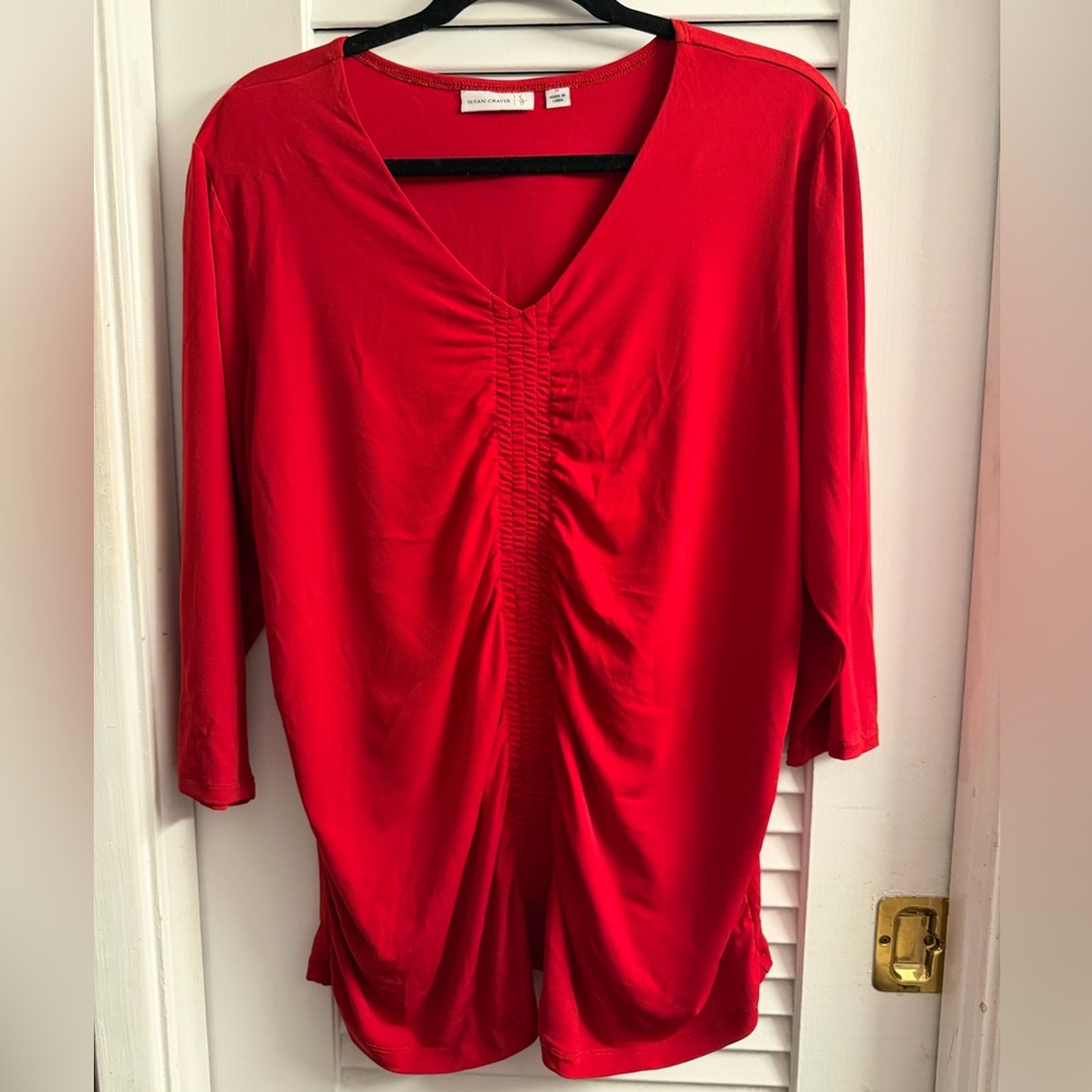 Susan Graver Red V Neck Blouse w/Flattering Center Ruching & 3/4 Sleeves Size 1X